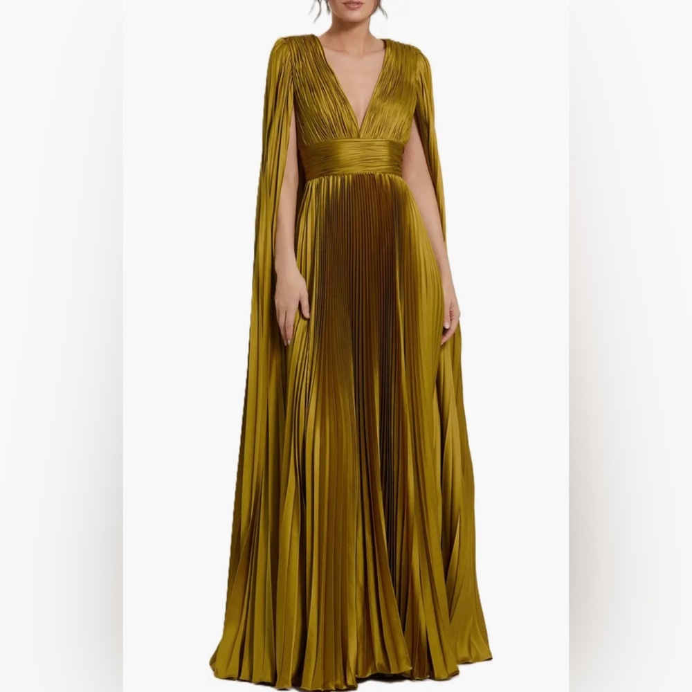 Pleated Charmeuse V Neck Gown With Cape